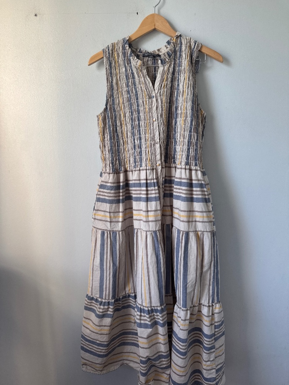 Laurel Grey smocked maxi dress featuring striped patterns, tiered skirt